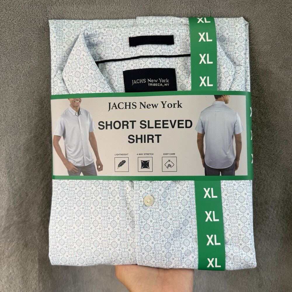 Jachs New York Men's Short Sleeved Shirt, White Printed Collared Button Up XL